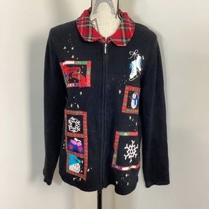 Mercer Street Women’s Black with Red Plaid Collar Holiday Cardigan Full Zip